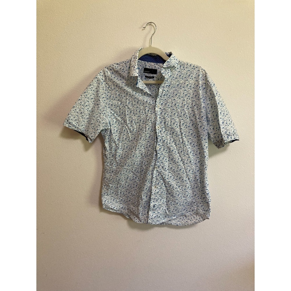 Quieti Blue White Floral Button Up Short Sleeve Shirt Size M Medium Mens